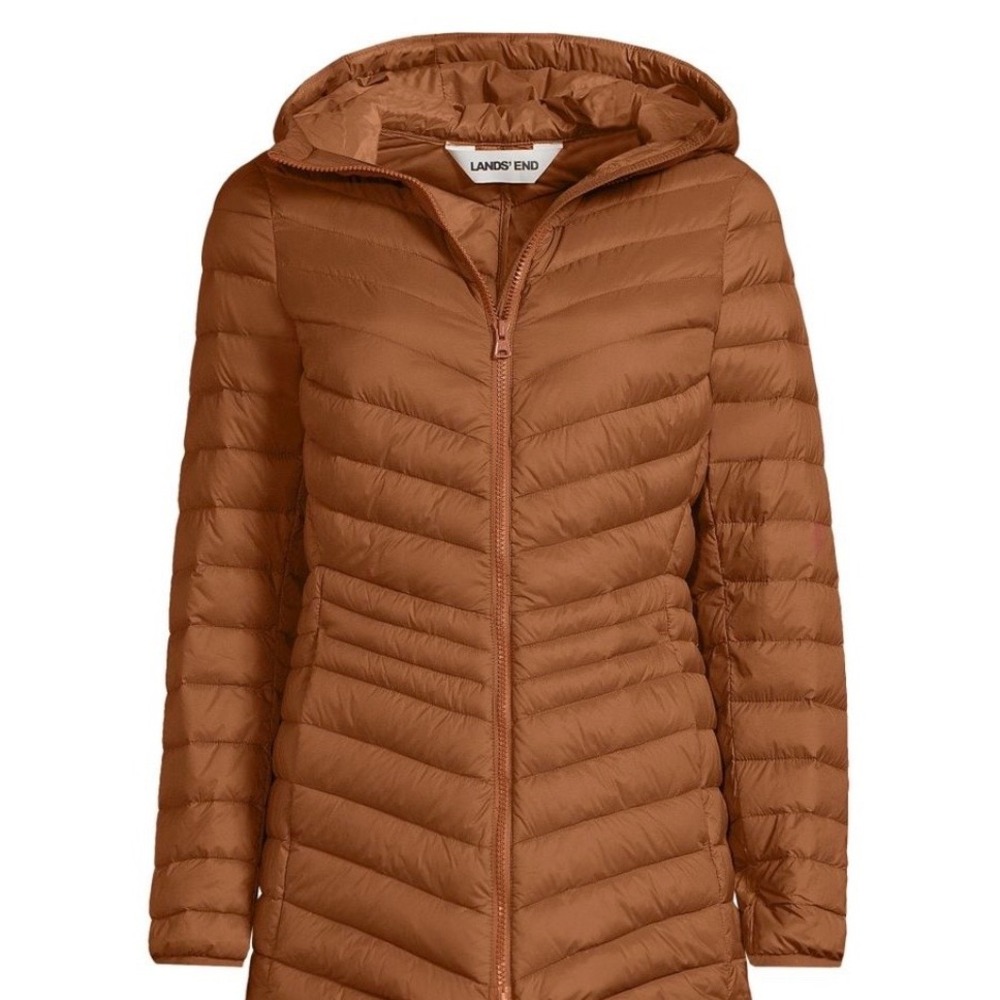 Lands' End Women's XS Packable Hooded Down Puffer Jacket Rich Ginger Brown NWT